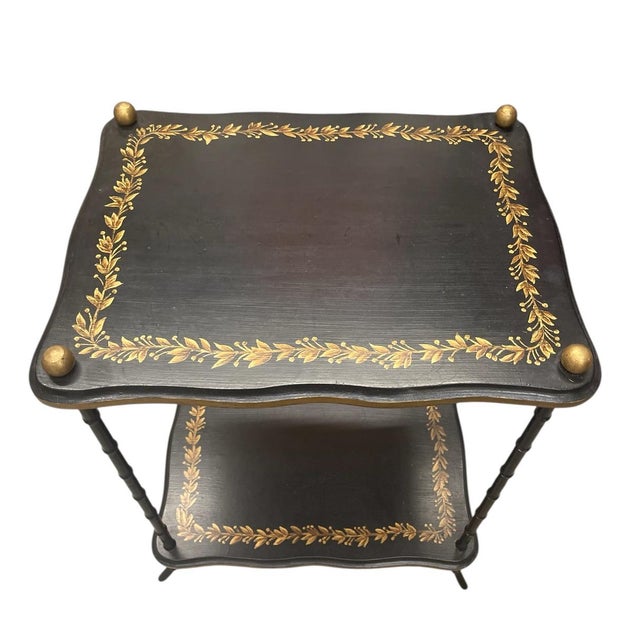 Hollywood Regency Vintage Hollywood Regency Faux Metal Bamboo Two-Tier Occasional Table With Gilt Laurel Detail For Sale - Image 3 of 8