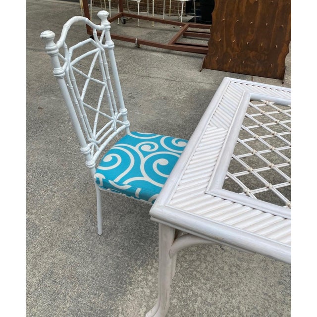 1970s White Wicker Dining Table With Metal Chairs and Blue Accent Cushions For Sale - Image 9 of 9