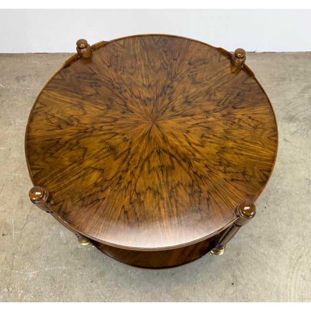 Vintage Baker Furniture French Regency Louis XVI Style Burled Walnut & Brass Two-Tier Round Side Table For Sale In New York - Image 6 of 12