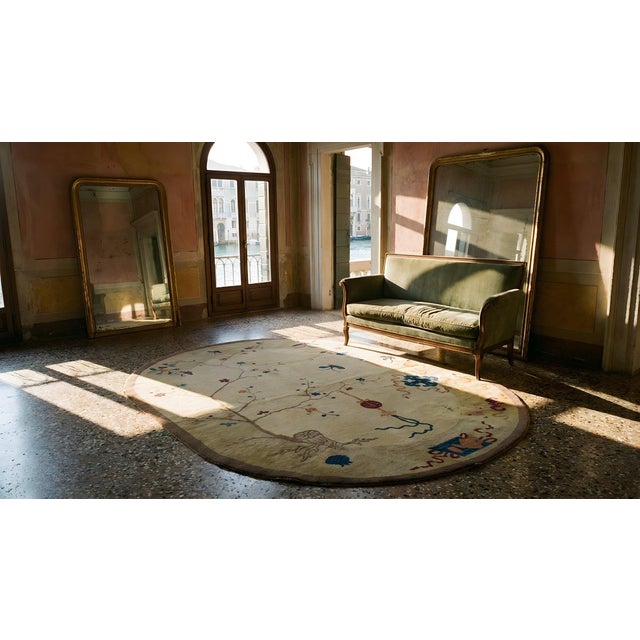 1920s Beige Floral Antique Chinese Oval Art Deco Carpet 6'2'' X 7'9'' Wool Knotted Rug For Sale - Image 10 of 12