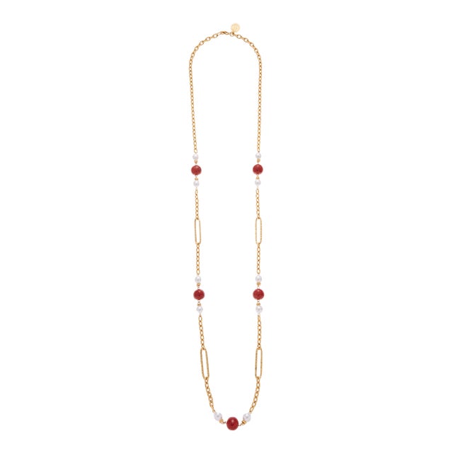 Ben Amun Gold Long Necklace with Red Stones and Pearls For Sale