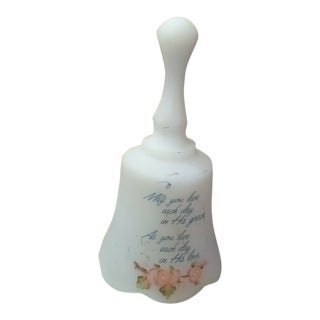 1970s Gorgeous Signed Fenton Hand Painted Satin Glass Bell With Holy Scripture For Sale