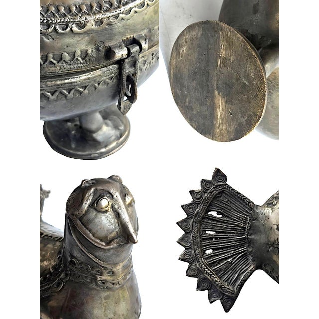 Vintage Indian Dhokra Bronze Pewter Bird Pedestal Lidded Box For Sale - Image 14 of 14