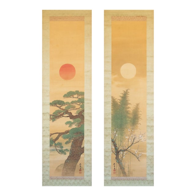 "Sunrise and Moonrise" by Yamada Keichu, Meiji Japanese Paintings in Original Case, Set/2 For Sale