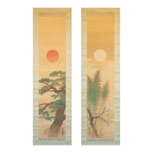 "Sunrise and Moonrise" by Yamada Keichu, Meiji Japanese Paintings in Original Case, Set/2
