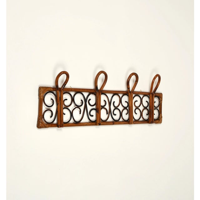 Mid-Century Modern Mid-Century Italian Rattan and Bamboo Wall Coat Rack Stand, 1960s For Sale - Image 3 of 10