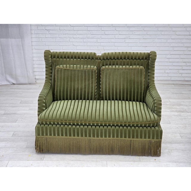 1950s, Danish 2-seater sofa. Original striped green furniture velour, beech wood legs, springs in the seat. Original good...