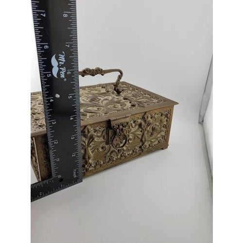 Rare Gourgeous Antique Victorian Renaissance 1880 German Heavy Brass Repousse Jewelry Casket/ Trinket For Sale - Image 10 of 12