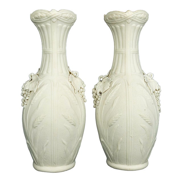 1850's Antique Parian Vases With Wheat Shaft and Grape Clusters - Set of 2 For Sale
