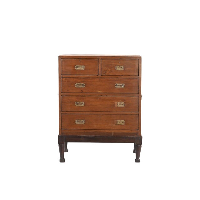 English Antique Anglo-Indian Teakwood Campaign Chest of Drawers on a Legged Base For Sale - Image 3 of 5