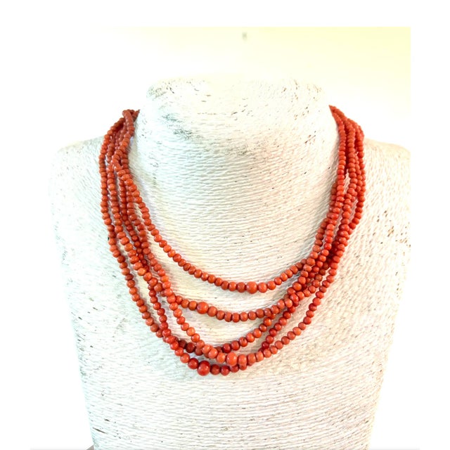 Contemporary Vintage Coral Multi-Strand Beaded Necklace With Sterling Silver Clasp For Sale - Image 3 of 5