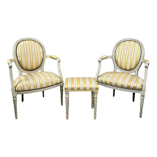 20th Century Louis XVI Medallion Armchairs with Ottoman, Set of 3 For Sale