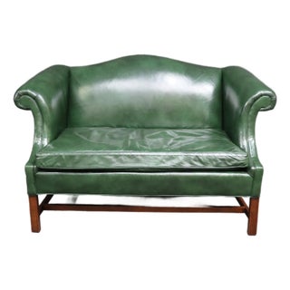 Hancock & Moore Green Leather Camelback Settee For Sale