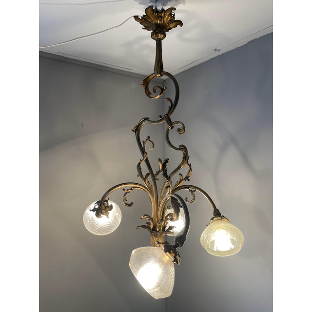 Art Nouveau Golden Chandelier with Frosted Glass Shades For Sale - Image 4 of 18