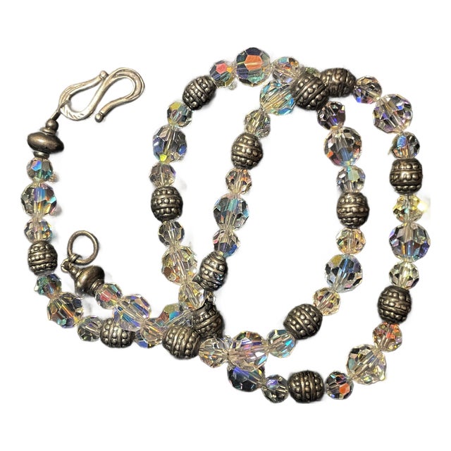 Vintage Aurora Borealis Crystal & Sterling Silver Accent Necklace, Very Fine For Sale