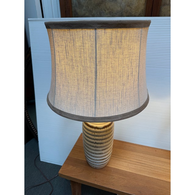 Tan Cream Ceramic Column Table Lamps, Pair For Sale - Image 8 of 12