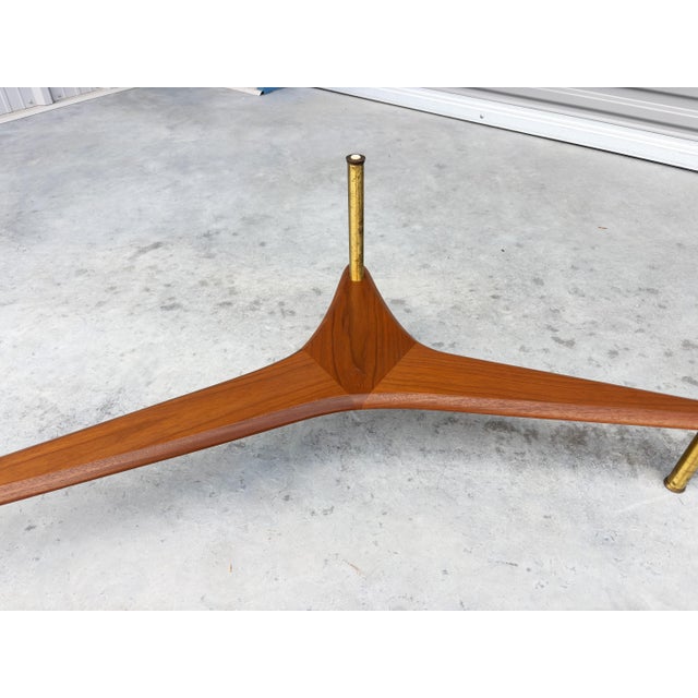 1960s Mid-Century Modern Freeform Glass Coffee Table With Walnut and Brass Base For Sale - Image 12 of 14