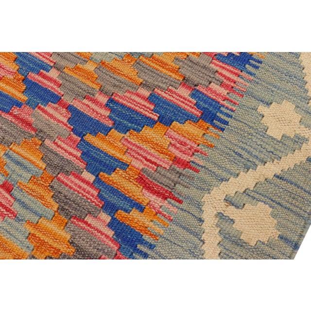 Boho Chic Turkish Kilim Blue Beige Hand-Woven Wool Rug For Sale In New York - Image 6 of 9