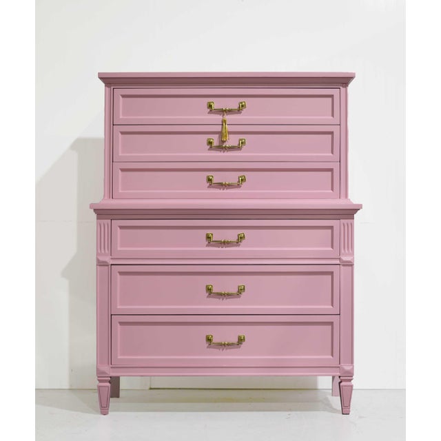 Transitional Mid Century Transitional Highboy Dresser by Dixie Furniture in Pink - Newly Painted For Sale - Image 3 of 14
