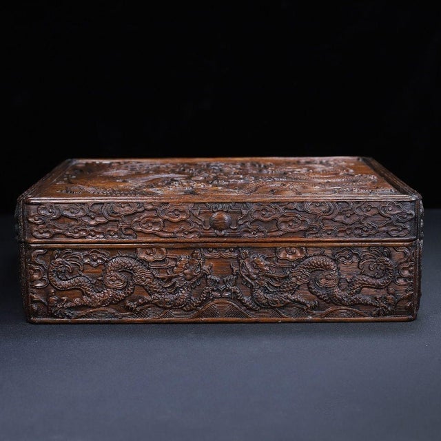 Mid 20th Century Vintage Chinese Huali Rosewood Box | Carved Dragon & Phoenix Motif Chest For Sale - Image 5 of 9