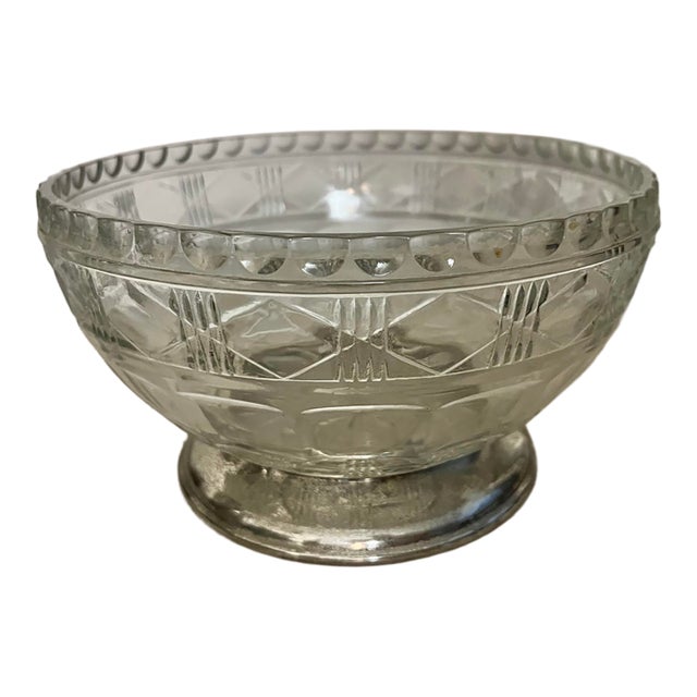 Vintage 1940 Mid-Century Geometric Pressed Glass Centerpiece Bowl With Silver-Plated Pedestal Base For Sale
