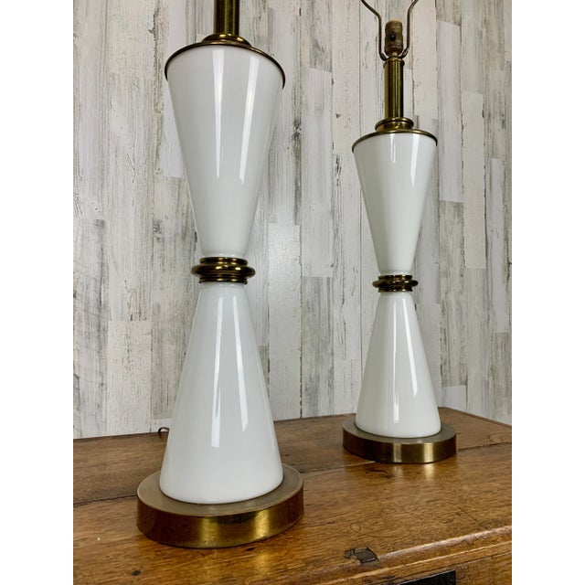 Milk Glass and Brass Hourglass Shaped Table Lamps For Sale - Image 10 of 12