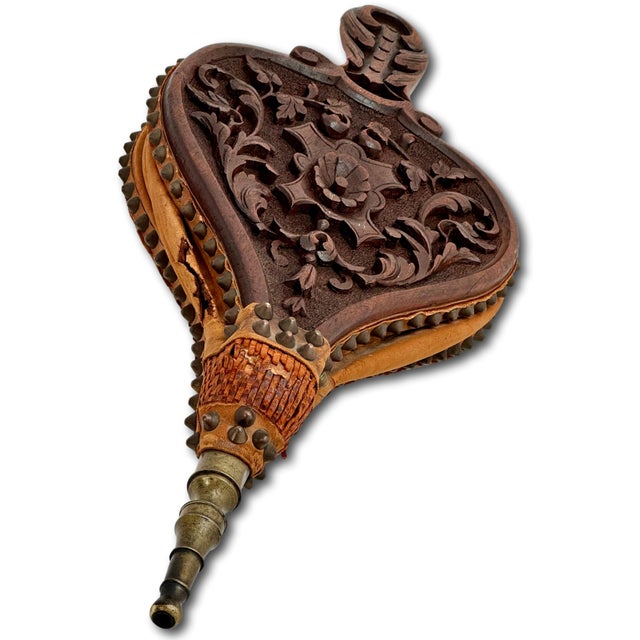 Fine Antique Hand Carved Walnut Black Forest Fireplace Bellows Northwind For Sale - Image 10 of 18