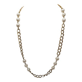 Vintage 1980s Signed Napier Goldtone Faux-Pearl Sautoir Necklace For Sale