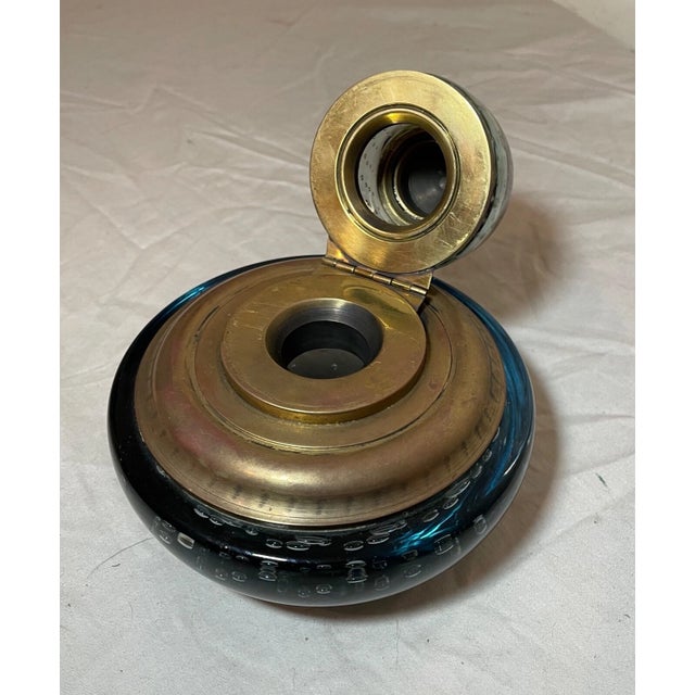 Metal Large Vintage Handmade Hand Blown Control Bubble Glass Bronze Desk Inkwell Jar For Sale - Image 7 of 10