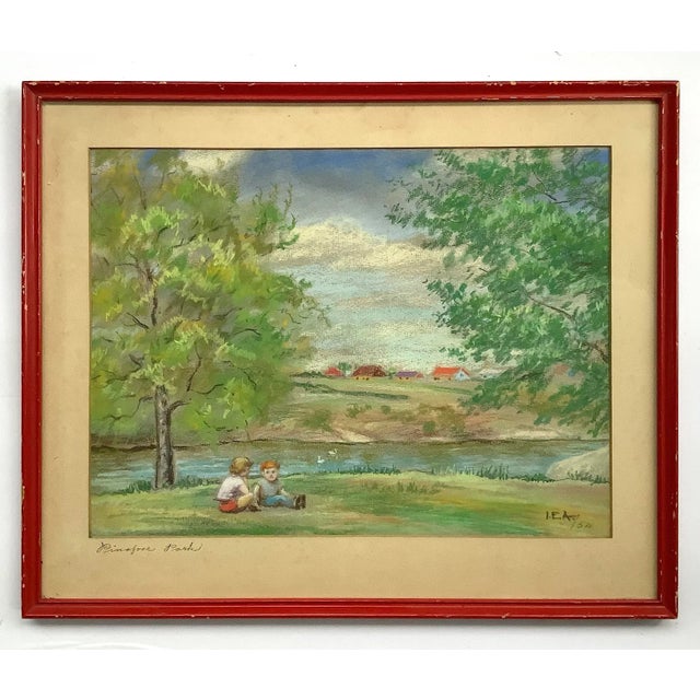 Drawing/Sketching Materials Dated 1954 Pastel Titled "Pinafore Park" in Original Red Fame For Sale - Image 7 of 7