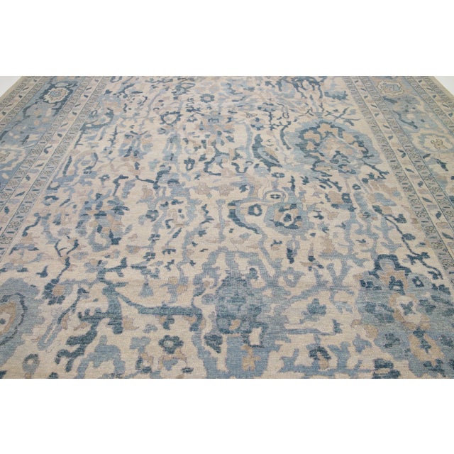 Modern Beige Modern Khotan Style Wool Rug With Allover Blue Design For Sale - Image 3 of 9