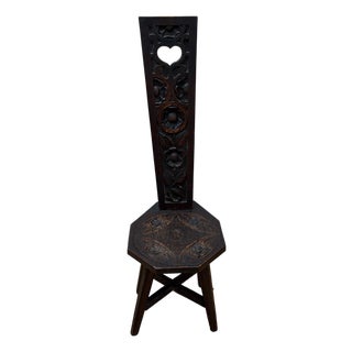 Antique Hand Carved Folk Art Spinning Chair With Heart and Floral Motifs For Sale