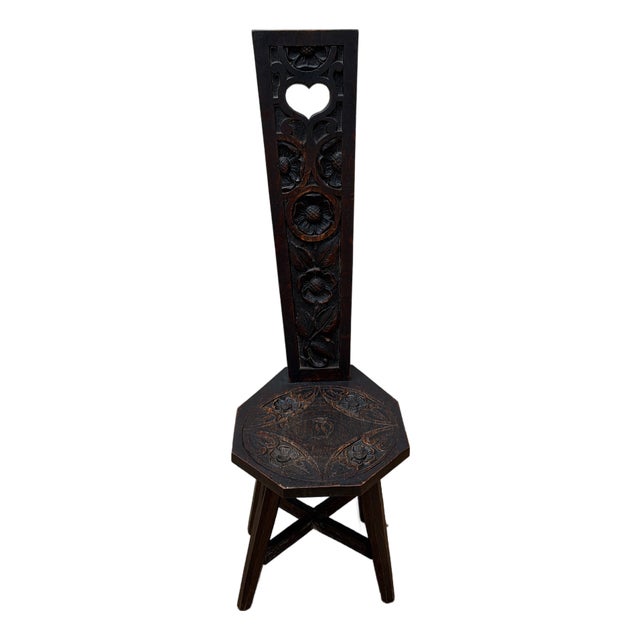Antique Hand Carved Folk Art Spinning Chair With Heart and Floral Motifs For Sale