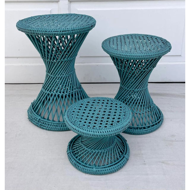1970s Set of 3 Wicker Rattan Cane Woven Teal Blue Pedestal Stools For Sale - Image 10 of 10