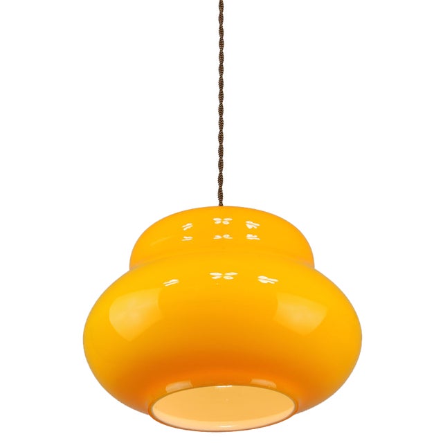 Mid-Century Italian Yellow Glass and Brass Pendant Lamp For Sale