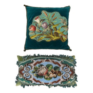 Pair of Exquisite Antique Victorian-Style Beaded Needlepoint & Velvet Pillows For Sale