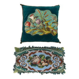 Pair of Exquisite Antique Victorian-Style Beaded Needlepoint & Velvet Pillows
