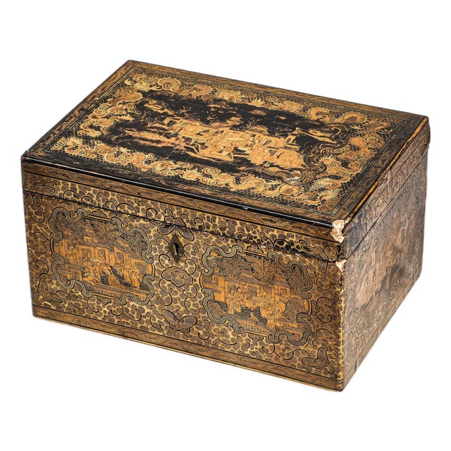 Incredible Large Antique Chinoiserie Asian Lacquer Tea Caddy Box Home Decor For Sale