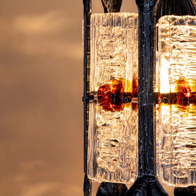 Metal Brutalist Pendant Lamp in Wrought Iron and Colored Murano Glass attributed to Tom Ahlström & Hans Ehrich, Sweden, 1960s For Sale - Image 7 of 9