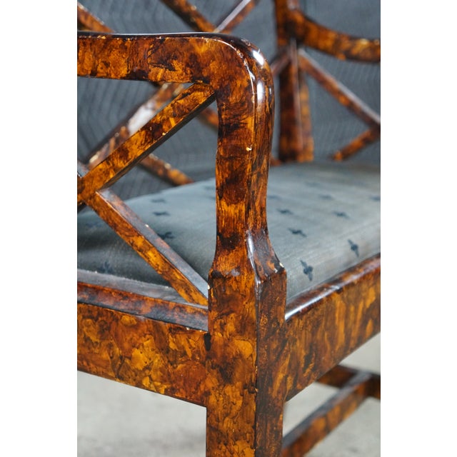 Vintage Chinese Chippendale Faux Tortoise Shell Pierced Trellis Bench Arm Chair For Sale - Image 12 of 18