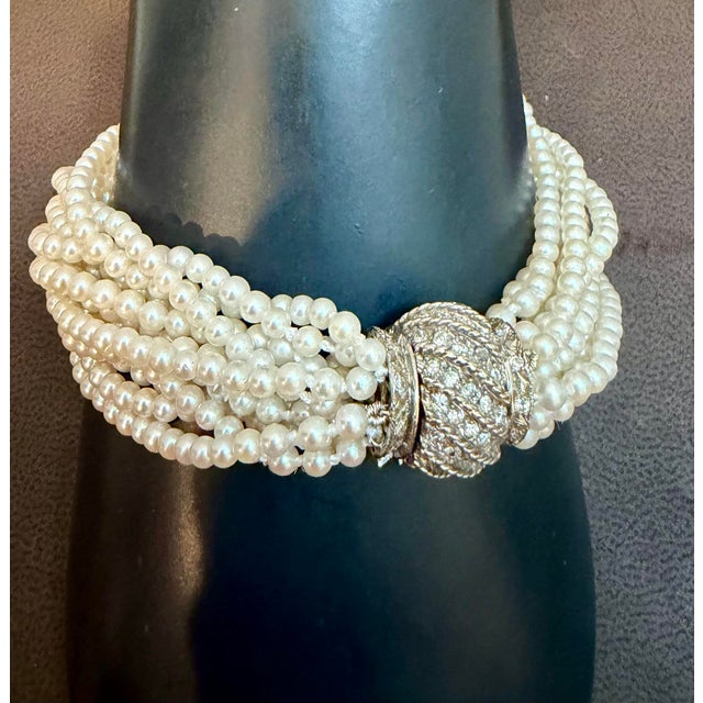 American 3.1 Mm Akoya Japanies Pearl Multi Strand Bracelet, 14kwg Diamond Clasp, 8 Inch For Sale - Image 3 of 12