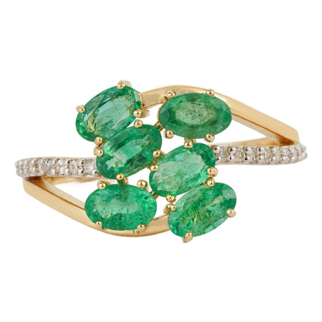 14k Gold Certified Natural Zambian Emerald Diamond Cluster Ring Size 7 For Sale