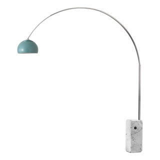 Nova of California Iconic Half Dome Floor Lamp - 95" Mid Century Arc Lamp, Pool Blue Shade, White Marble Base, Dimmable For Sale