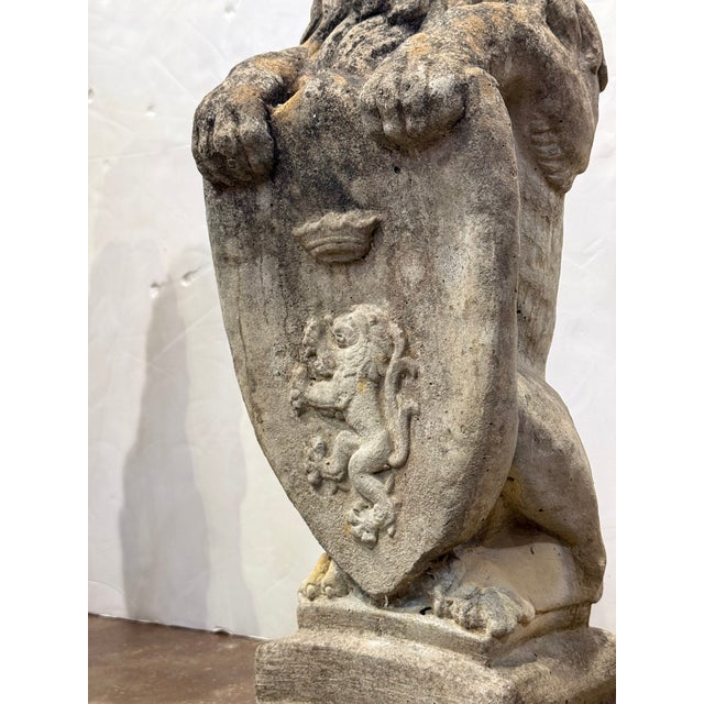 Pair of Cast Stone Armorial Lion Garden Statues From England - Two Available For Sale - Image 13 of 15