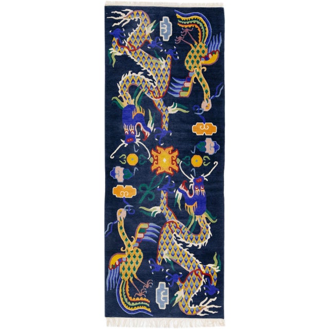 Textile Blue Chinese Vintage Peking Handmade Wool Rug With Mullticolor Dragon Design For Sale - Image 7 of 7