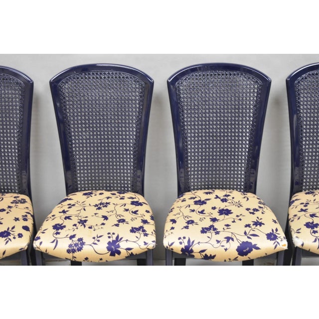Vintage Italian Hollywood Regency Navy Blue Lacquer Cane Dining Chair - Set of 4 For Sale - Image 4 of 16