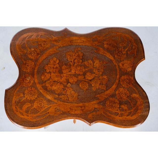 Antique Floral Pokerwork Two-Tier Side Table With Scalloped Top An elegant little accent table with intricate floral...