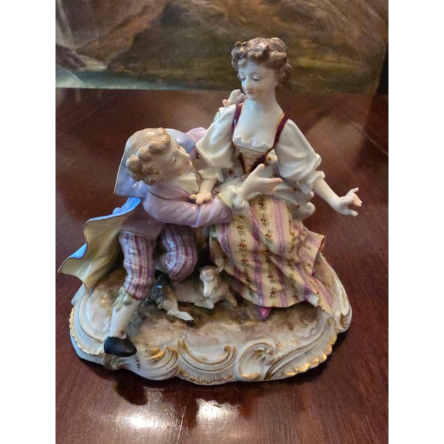 Art Nouveau Antique Meissen Style Porcelain Romantic Figurine For Sale - Image 3 of 12