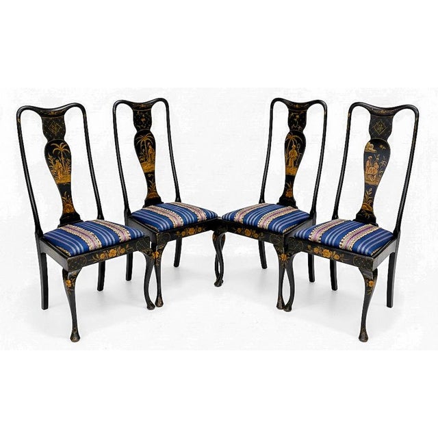 Early 20th-C. Hand Painted English Queen Anne Style Chinoiserie Dining Chairs - Set of 4 For Sale - Image 4 of 7