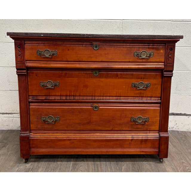 Antique Victorian Eastlake Marble Top Walnut Dresser With Mirror For Sale - Image 9 of 13